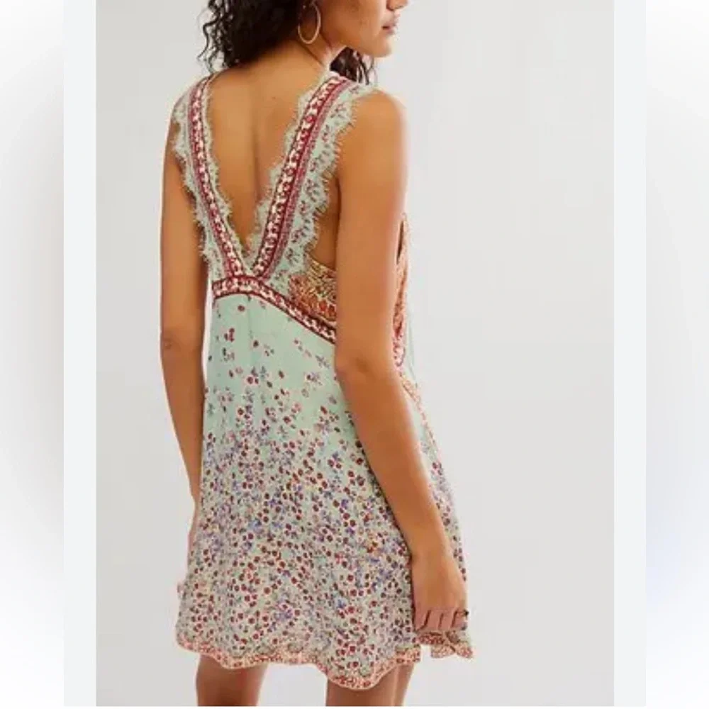 Free People Intimately East Willow Mint Multi Floral Lace-Trim V-Neck Mini Dress - Picture 4 of 8